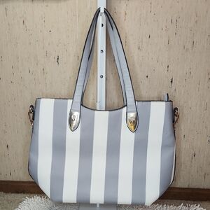 Gray and White Striped Tote with Gold Accents